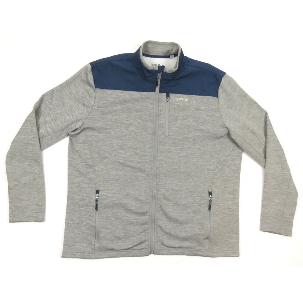 NWOT Orvis Spell Out Heathered Gray and Blue Mens Full Zip Coat Jacket XL